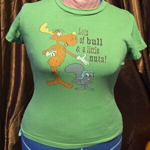 Rocky & Bullwinkle Graphic Tee Funny Squirrel Moose Shirt Y2K Green Medium